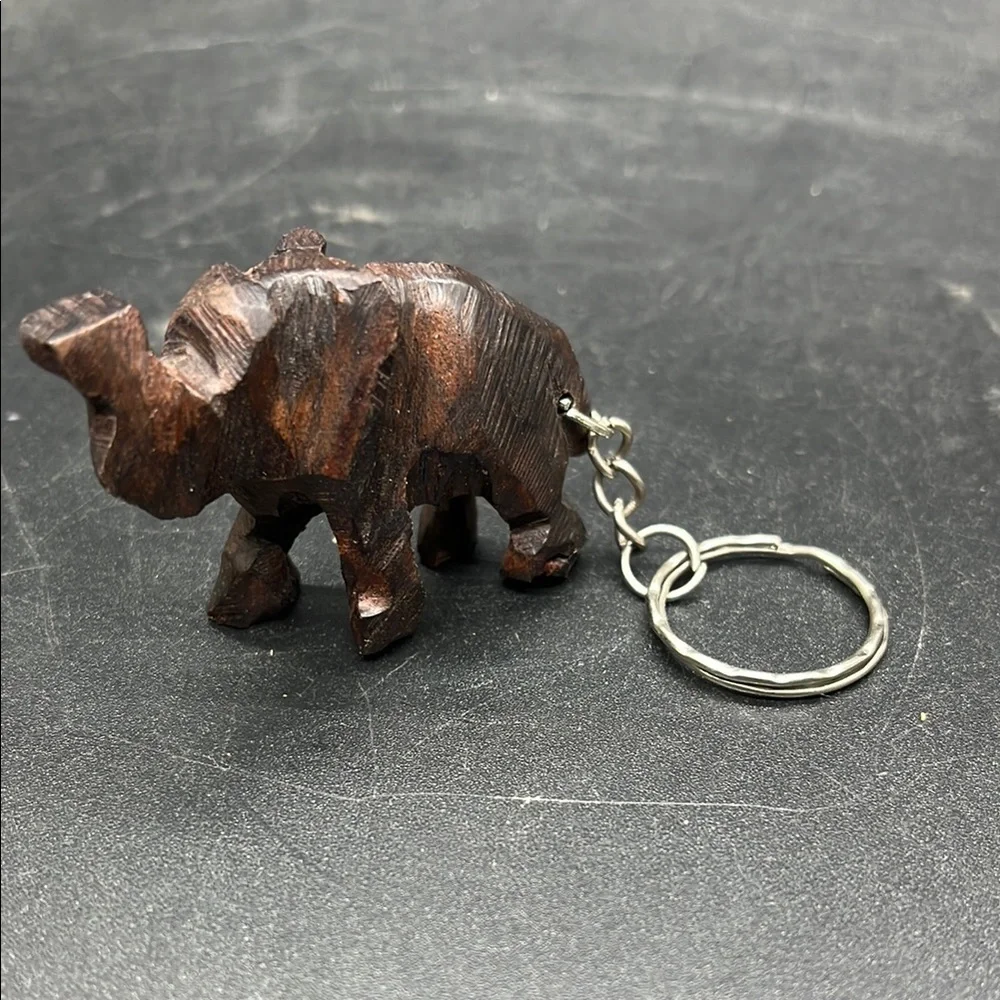 Hand-Carved Wooden Elephant Keychain - Dark Brown